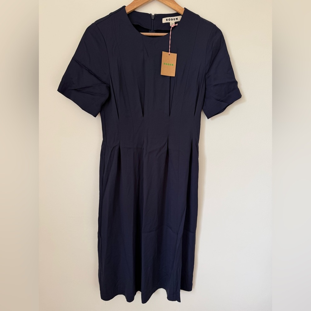 Boden Navy Pleated Short-Sleeve Midi Fit-and-Flare Dress